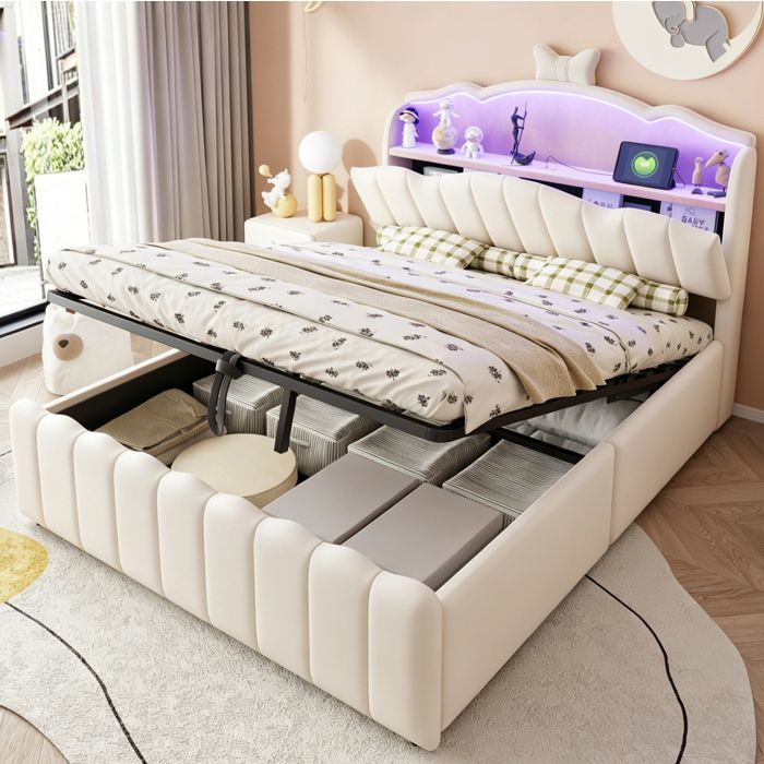 Lit Coffre Enfant 2 Places avec USB USB-C LED Réglable et Rangements 140×200 cm sans Matelas Beige
