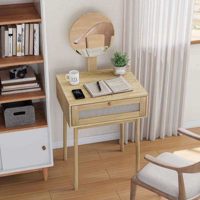 Coiffeuse Finition Chêne Rotin Compact Avec Miroir Espace Rangement Pratique Pour Petite Chambre 60x50x128cmSans Tabouret Coiffeuse Finition Chêne Rotin Compact Avec Miroir Espace Rangement Pratique Pour Petite Chambre 60x50x128cmSans Tabouret