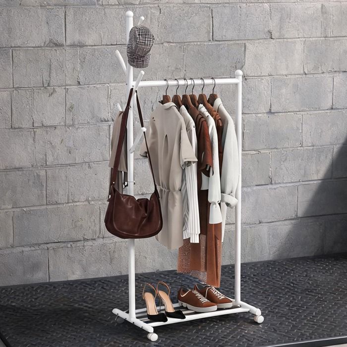 Portant à vêtements design 3-en-1 avec 5 crochets et étagère à chaussures métal blanc 68 x 43 x 171 cm