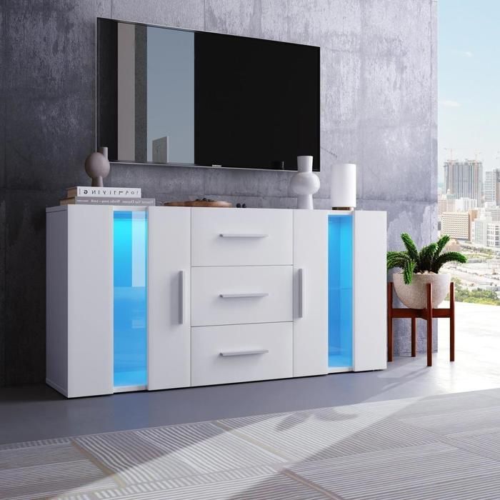 Meuble TV - KOMHTOM - 140x35x70 cm - LED USB - 3 tiroirs & 2 compartiments - Aspect bois blanc Meuble TV - KOMHTOM - 140x35x70 cm - LED USB - 3 tiroirs & 2 compartiments - Aspect bois blanc