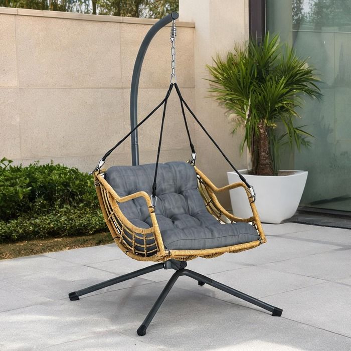 Fauteuil suspendu spacieux en résine tressée gris foncé avec support réglable et coussin moelleux