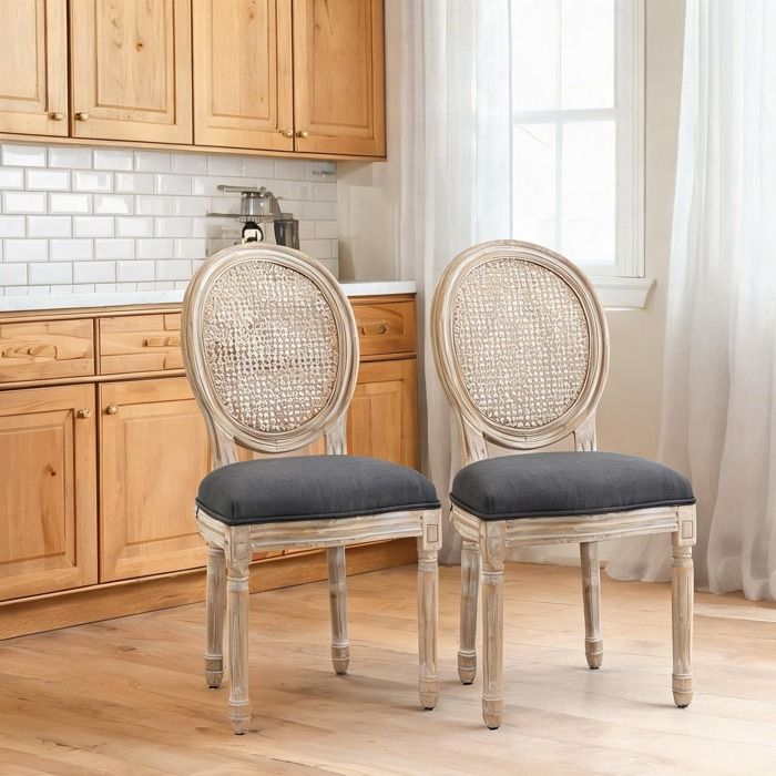 Chaise médaillon style Louis XVI lot de 2 - Bois massif sculpté patiné gris - Tissu polyester effet lin