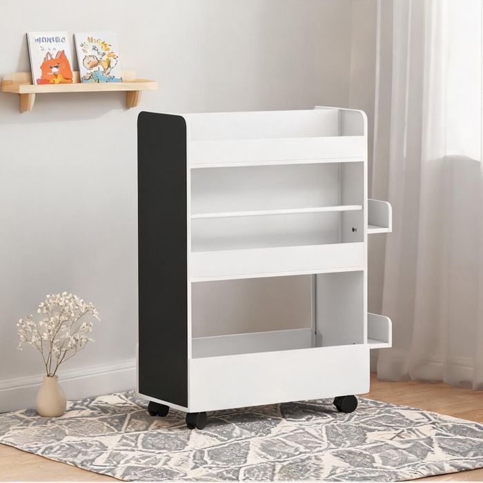 Meuble de rangement bibliothèque enfant 4 niches compartiment bas tableau noir et roulettes MDF laqué blanc 665 x 325 x 865