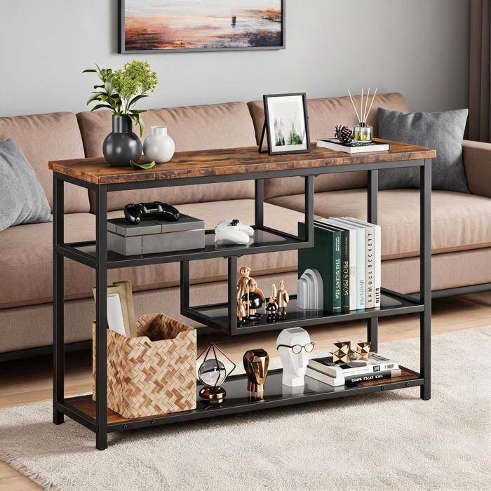 Table Console dEntrée 100x30x75 cm Meuble Console en Verre Trempé avec Étagère avec Plateau en Verre Gris Style Rétro