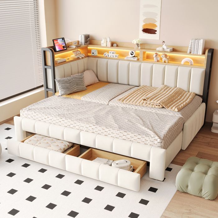 Lit Banquette Extensible 90/180x200 cm 2 Tiroirs LED USB et Type-C Rangements Intégrés Velours pour Petit Espace - Beige
