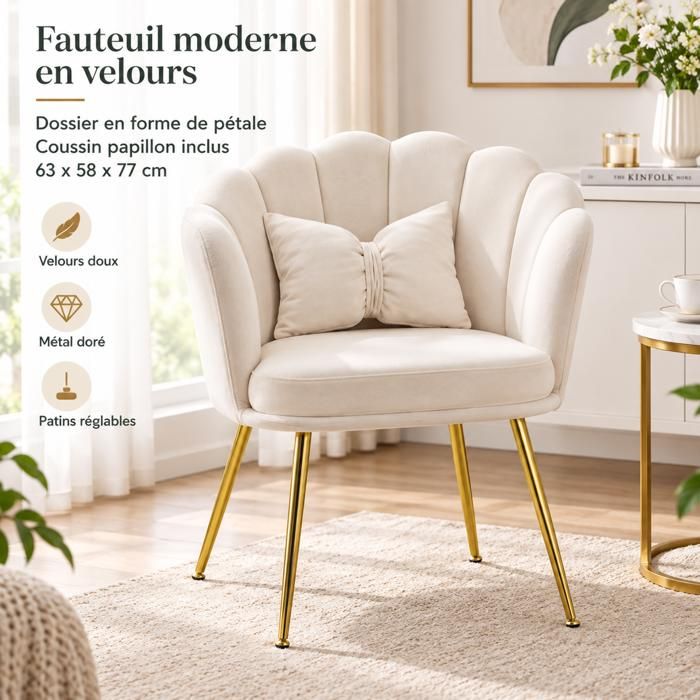 Chaise de salle à manger - WESTYLE - Pétale - Revêtement velours - Dossier pétale - Pieds métal doré