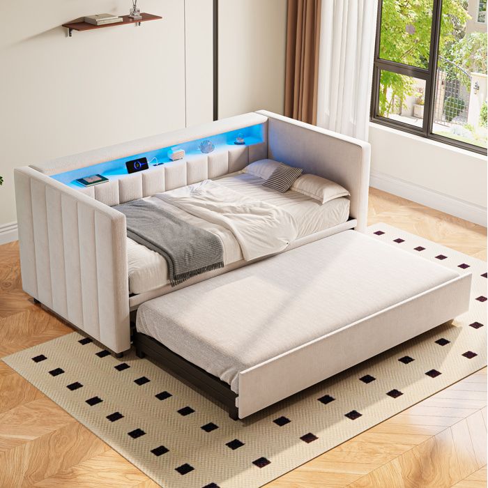 VUENOR canapé-lit 90 x 190 cm beige – lit escamotable USB Type-C sans matelas