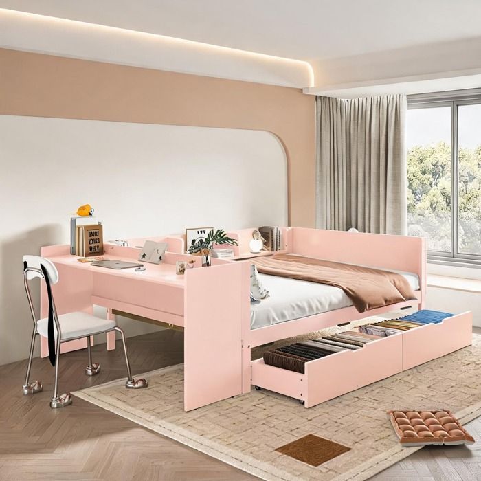 Ensemble chambre adulte pin rose 140x200 cm avec bureau attenant 2 tiroirs de lit et 3 étagères