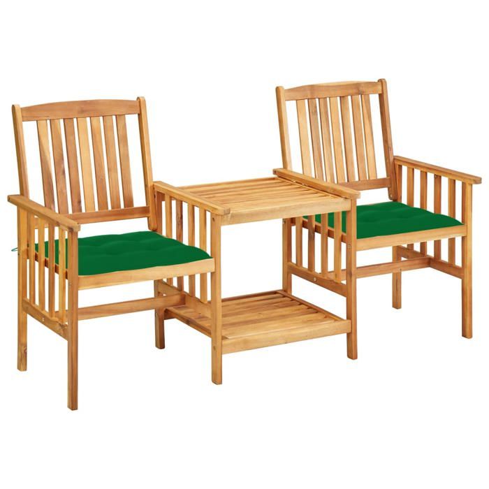 Vert Chaises de jardin avec table à thé et coussins Acacia solide - Meuble de balcon LV50030