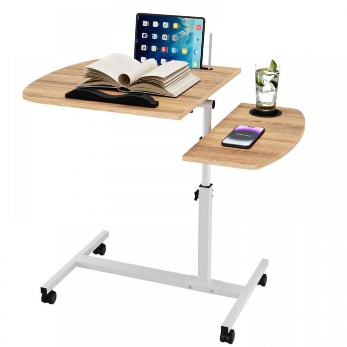 DHHOZAMZ Table de Lit à Roulette pour Ordinateur Portable 60x40cm Inclinable Hauteur réglable Fentes pour gobelets Chêne
