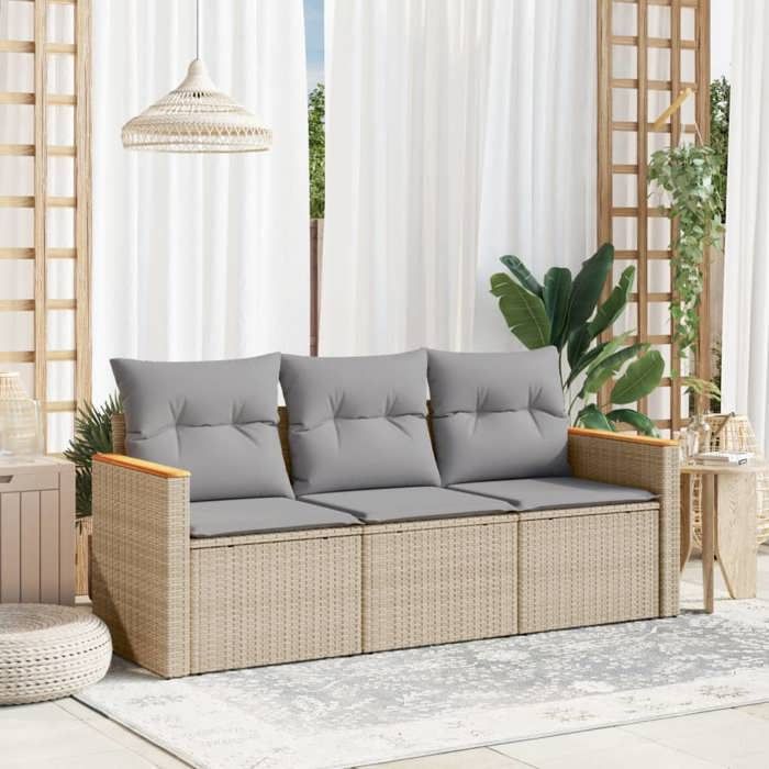 Beige Salon de jardin avec coussins 3 pcs beige résine tressée - Meuble de balcon LV54942