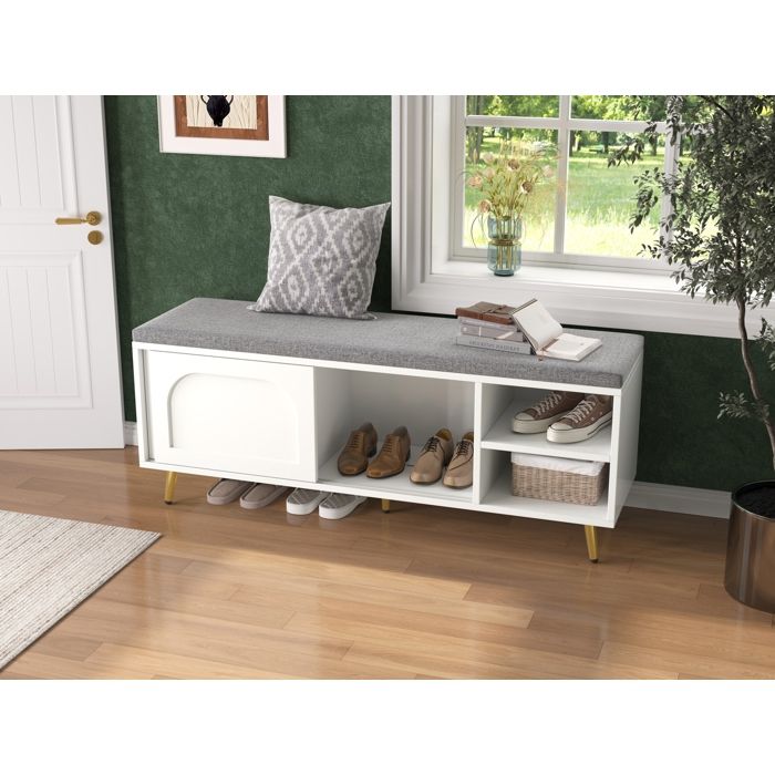 Meuble à chaussures avec coussin 121x35x49 cm 2 portes étagère ouverte blanc panneaux de particules JOINERY