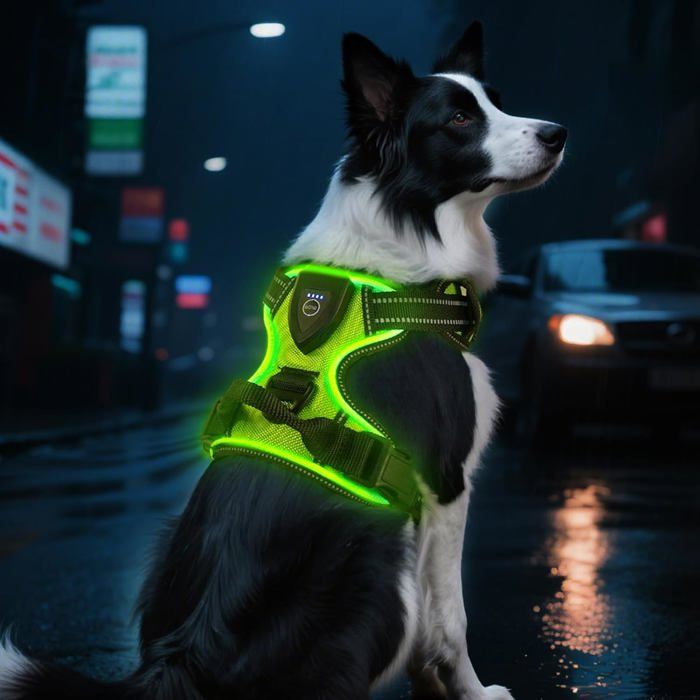 Harnais chien anti-traction L gilet réfléchissant 3 modes LED batterie 250 mAh rechargeable type-C tissu Oxford