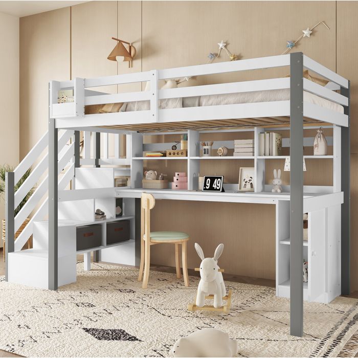 VUENOR Lit mi-hauteur 90x200 cm blanc et gris – bureau intégré rangement