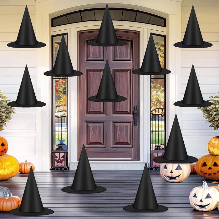 12 chapeaux de sorcière noirs à suspendre livrés avec 50 mètres de fil de pêche parfaits pour les décorations dHalloween.