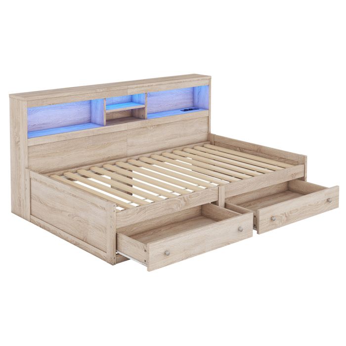 Lit banquette 90x200 cm naturel 2 tiroirs et rangements tête de lit avec LED 2 prises et 2 USB sans matelas