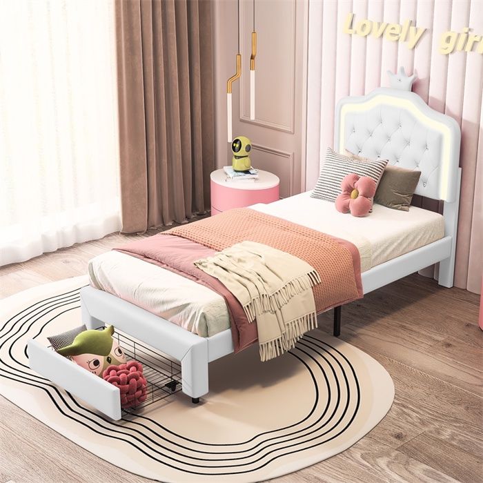 Lit 90x200cm - Lit enfant 90x200cm - Tête de lit en forme de couronne LED réglable tiroir de lit et sommier - PU blanc
