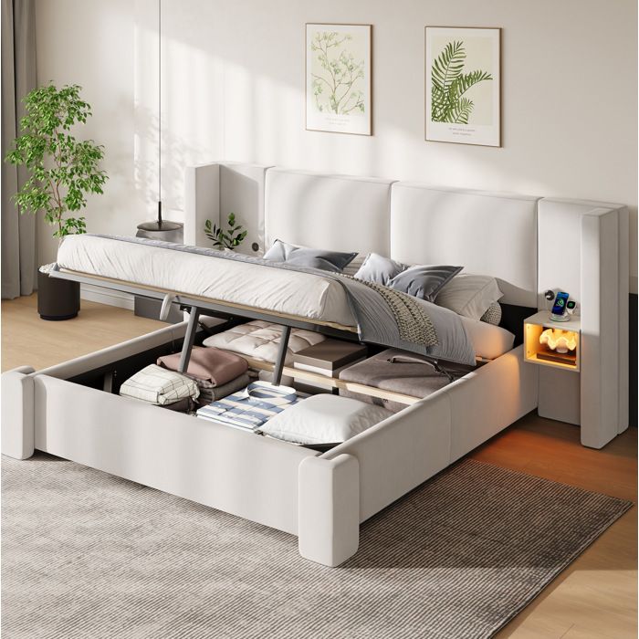 Lit coffre 180 x 200 cm EVRYAE avec relevage hydraulique rangement LED et tables de chevet intégrées beige