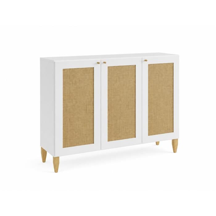 Commode - 3XE LIVING - Modèle 3D - Blanc & façades toile naturelle - 3 portes 6 étagères - 128×40×109 cm