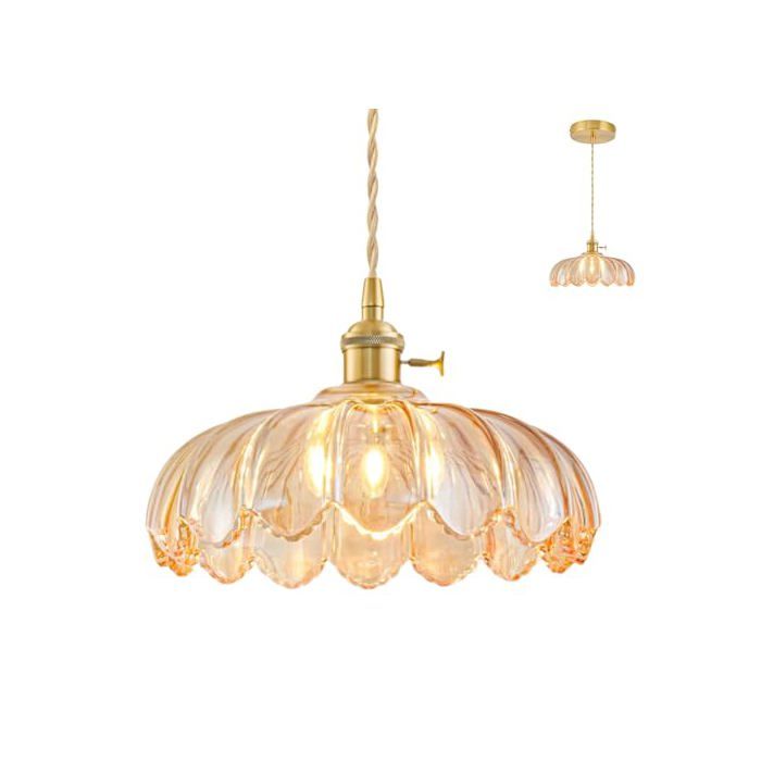 Lustre - GENERIQUE - Florale rétro (hibiscus) - Abat-jours verre ambré - Laiton plaqué - Fil réglable 21–199 cm