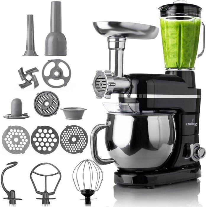 LEHMANN Robot Pâtissier et Cuisine Multifonction 3-en-1 Mouvement Planétaire 6 Vitesses Blender Verre 1 5L Bol Inox 5L