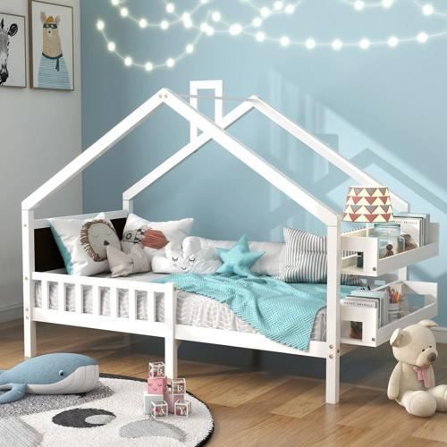 Lit cabane 90x200 cm - Lit enfant en bois de pin - Sommier à lattes - Barrières contre les chutes - Blanc - Sans matelas - Maison