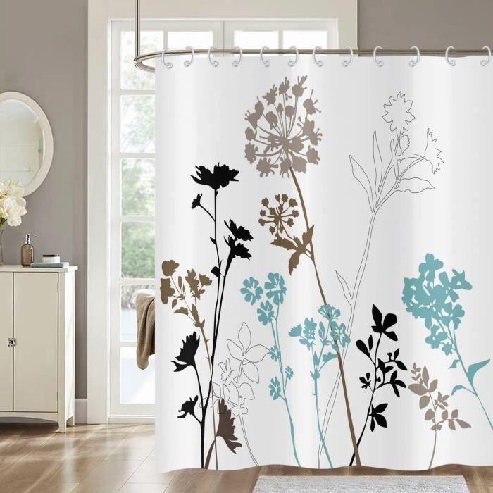 Rideau de douche 180x180cm, vinyle, blanc, fleurs colorées