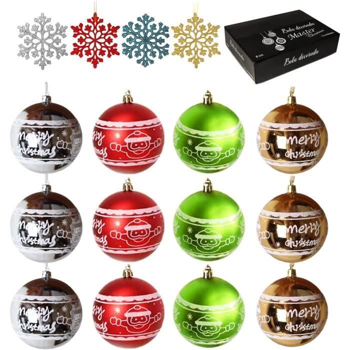 8cm Boules de Noël, 12 Grande Boule Sapin de Noel avec 4 Flocons de