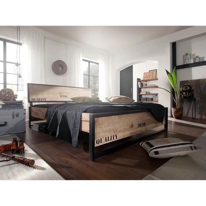 Stucture lit double industriel 200x200cm - Bois massif de manguier brut - Fer et bois imprimé - FACTORY #142 Stucture lit double industriel 200x200cm - Bois massif de manguier brut - Fer et bois imprimé - FACTORY #142