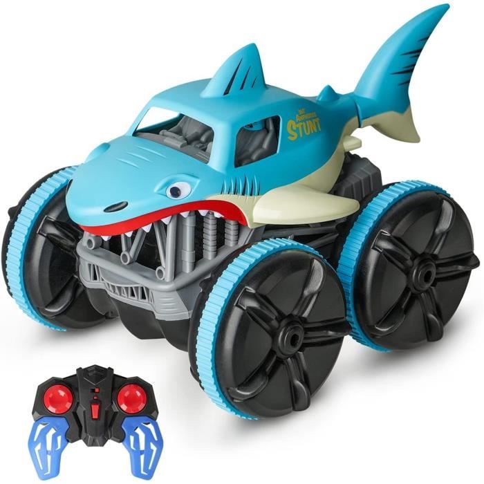 Voiture Télécommandée ​Tout Terrain Amphibie 360° Rotation 2 4GHz Camion  Radiocommandée Style Requin avec LED pour Enfant 3 12 Ans