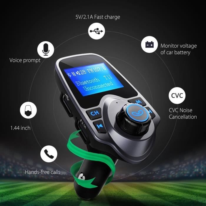 Transmetteur FM Bluetooth Voiture FM Transmetteur Voiture Kit Main Libre avec USB Audio Lecteur MP3 pour iPhone,Téléphones Android