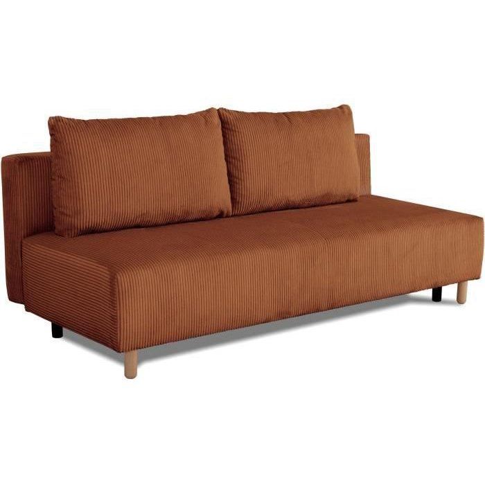 Canapé droit convertible 3 places GINO - Velours côtelé terracotta - Avec coffre - L 195 x H 89 x P 91 cm