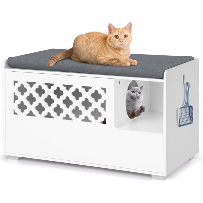 Comparer les prix de GOPLUS Maison pour Chat 2 en 1 61x44,5x42CM avec Ouverture Rabattable, Coussin Amovible, Meuble de Bac à Litière pour Chat, Blanc