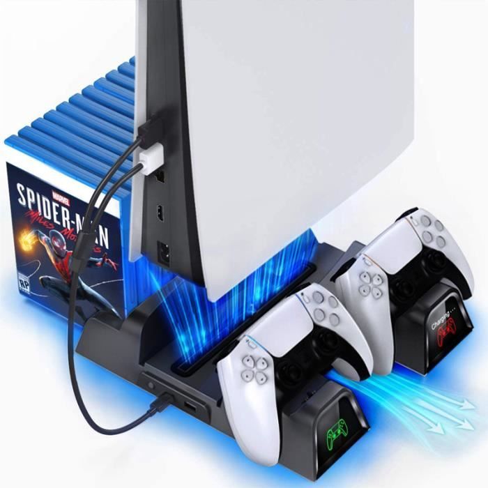 Support PS5 avec Ventilateur de Refroidissement at EU-Adaptateur pour PS5  console, Chargeur Manette PS5 avec Indicateur LED, Chargeur PS5 avec  Stockage 12 disques de Jeu