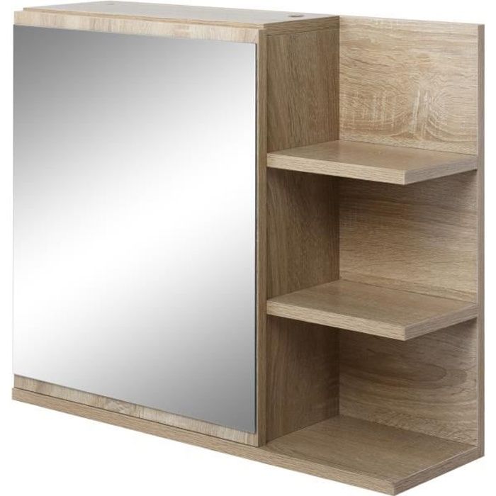 armoire miroir de salle de bain avec étagère - kleankin - aspect chêne clair - 3 étagères latérales