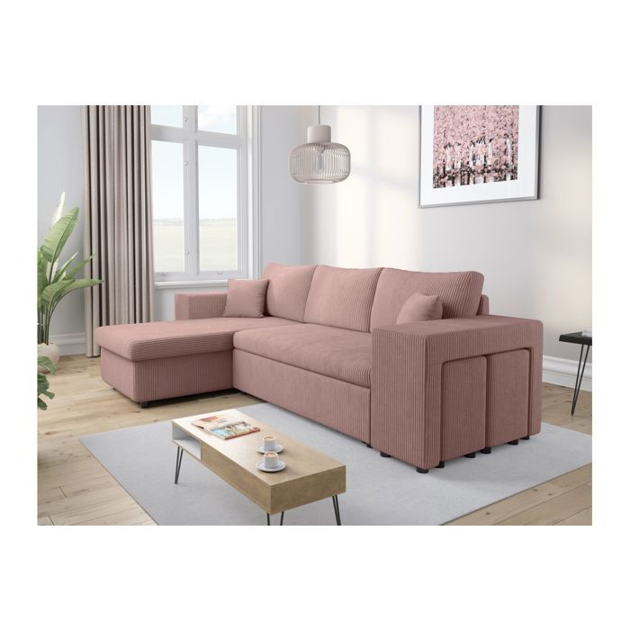 Canapé dangle réversible MADY avec coffre rangement poufs à droite en velours côtelé - Rose - L254 x P146 x H81cm - LOUNGITUDE Canapé dangle réversible MADY avec coffre rangement poufs à droite en velours côtelé - Rose - L254 x P146 x H81cm - LOUNGITUDE