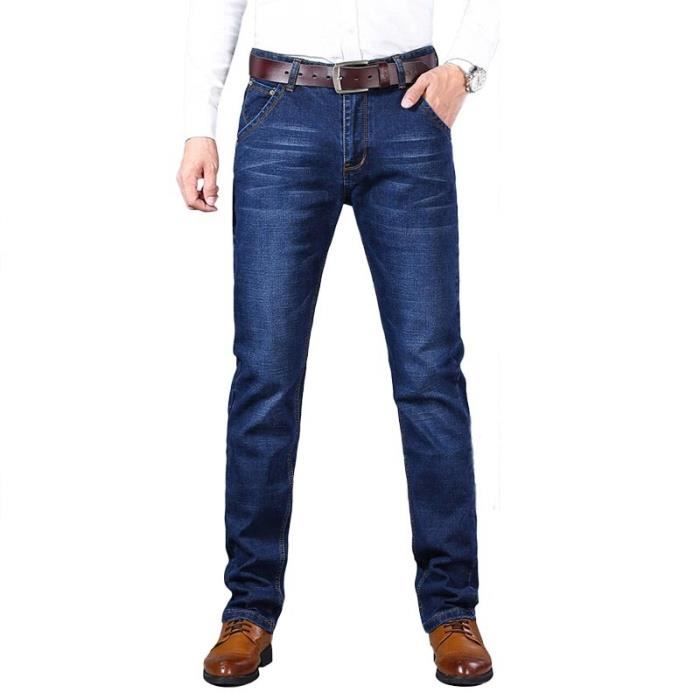 Pantalon Homme en Jeans Coupe Droite Grand Taille Jean Stretch Poches  Effet Délavé INSFITY Bleu
