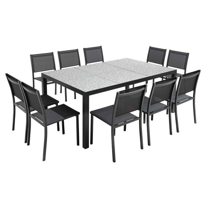 Table de jardin avec 10 chaises - OVIALA - Aluminium - Effet mozaic - Gris