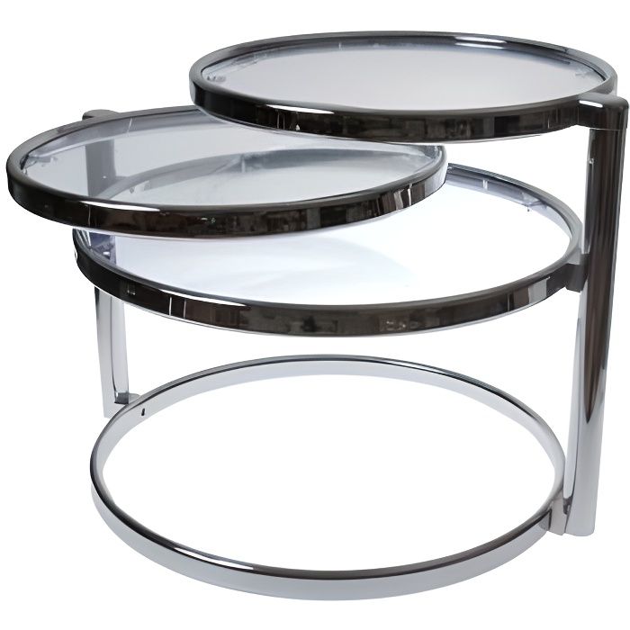 table basse - present time - design verre trois plateaux - rond - métal - brillant