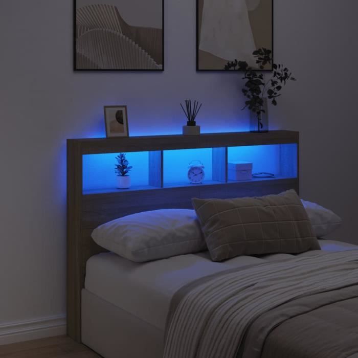 Armoire tête de lit - SALALIS - MPW14319 - Chêne sonoma - LED RVB - 140x17x102 cm