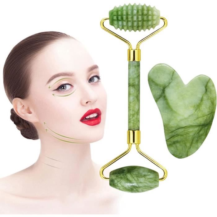 Set Rouleau Et Gua Sha En Jade - Massage Facial Anti-âge - Marque Jade - Fabriqué En Chine