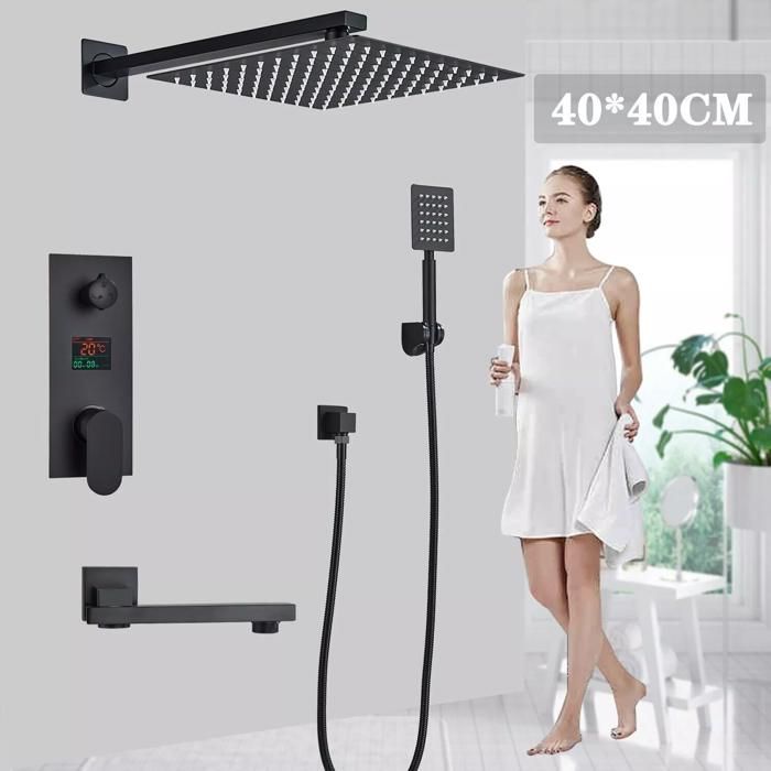 Colonne de Douche Encastrée noir -Tête de douche carrée lation 40cm-Ensemble Douche Encastrable avec Affichage LCD de la Température