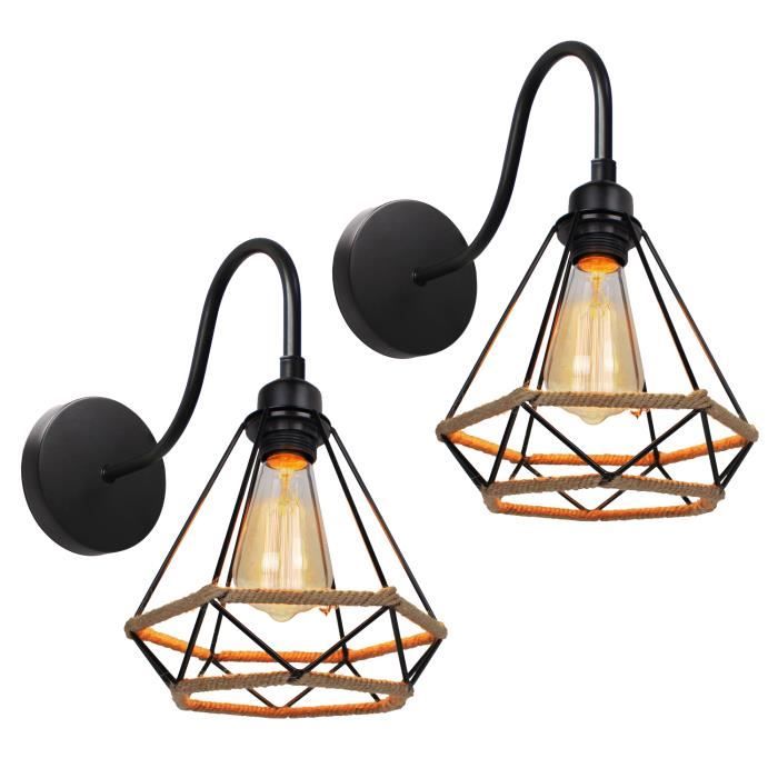 IDEGU Applique Murale Industrielle Noir, Lot De 2 Lampe Murale Vintage Design Rétro Abat-jour Luminaire Cage En Métal Avec Corde De Chanvre, 20CM