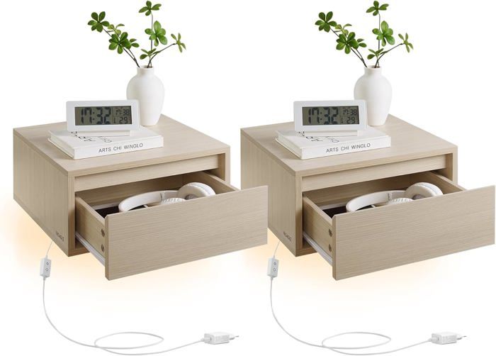 Lot de 2 Tables de Chevet murales Lumière 3 Couleurs Étagère Murale Tiroir 35 x 40 x 18 cm Style Moderne Beige Naturel Lot de 2 Tables de Chevet murales Lumière 3 Couleurs Étagère Murale Tiroir 35 x 40 x 18 cm Style Moderne Beige Naturel