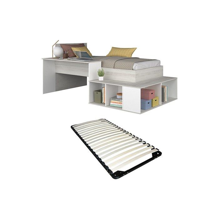 Lit combiné 90 x 200 cm avec rangements et bureau - Coloris : Naturel et blanc + Sommier - RIGALI Lit combiné 90 x 200 cm avec rangements et bureau - Coloris : Naturel et blanc + Sommier - RIGALI