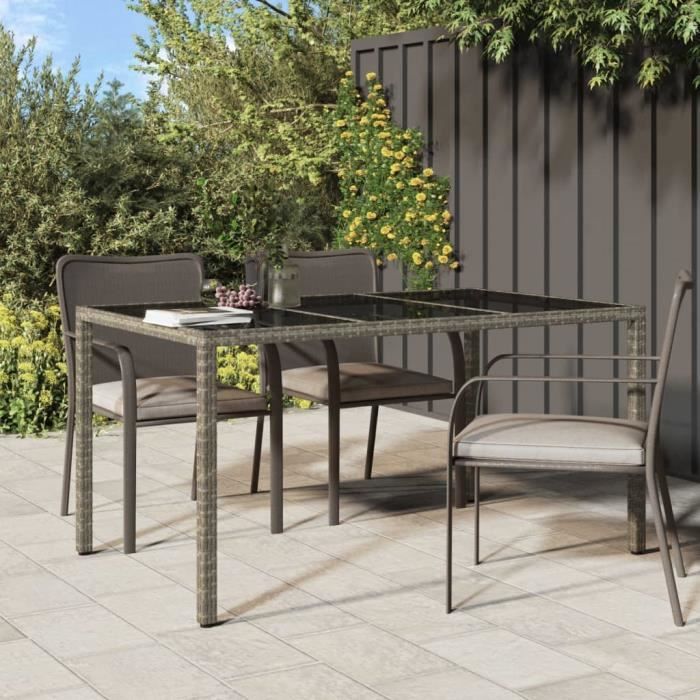 Meuble Table de jardin - 150x90x75cm - Verre trempé et résine tressée Gris - 28.4 KG