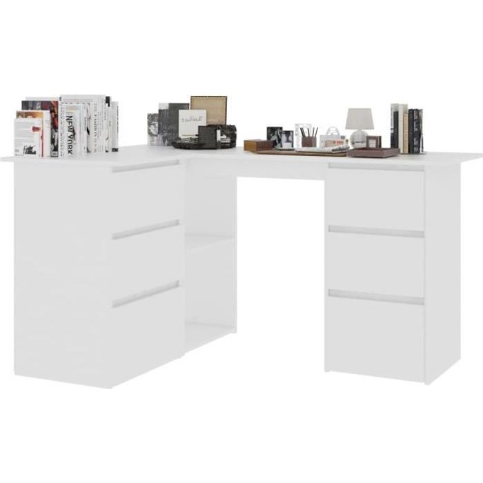 Bureau dangle - VINGVO - Blanc - 6 tiroirs - 2 étagères