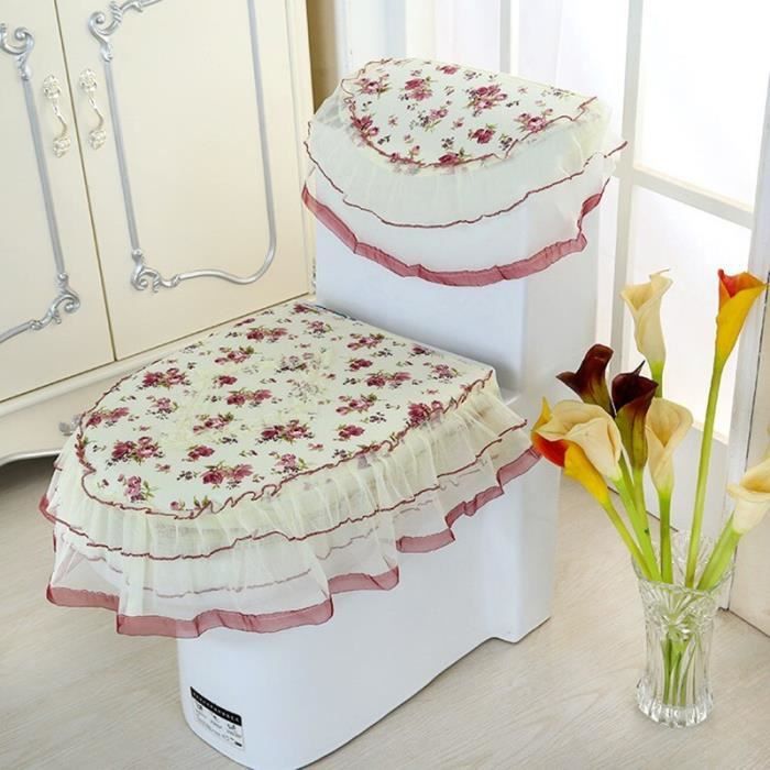 Ensemble De 3 Pièces Housse De Siège De Toilette En Tissu Brodé Cœur Fleur | Couvre Siège Et Réservoir, Pour Salle De Bain