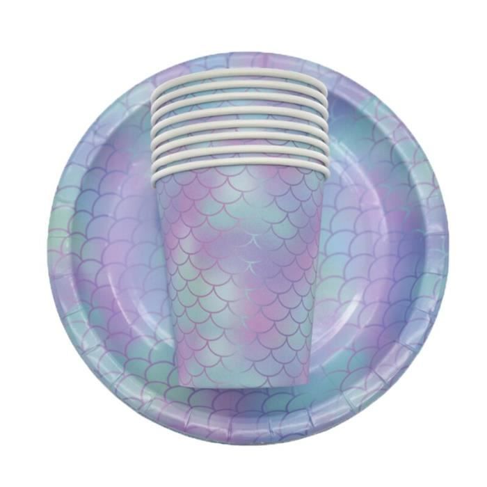 Kit De Vaisselle De Fête Sirène - 41 Pièces (assiettes, Gobelets, Serviettes, Nappe) - Pour Anniversaire Enfant, Thème Sirène - Biodégradable