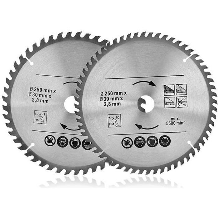 2pc disque de Lame de scie circulaire 250 mm, 48T et 60T Saw Blade Disc